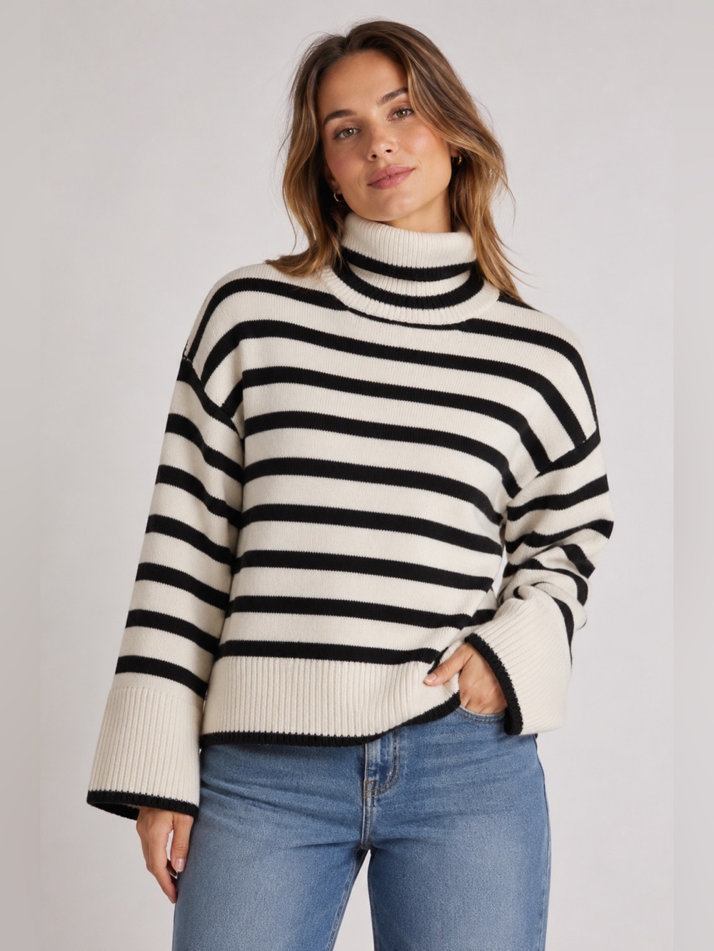 Dreamers Black and White Striped Cowl Turtleneck Sweater